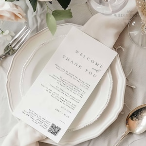 Tarjeta de agradecimiento con código QR, arreglo de mesa para bodas, nota de bienvenida imprimible, plantilla editable de Canva, WSS01
