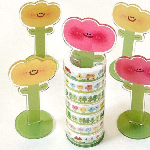 Cute Floral and Tree Washi Tape - Three Varieties, One Roll Each with Tape Holder, Small Yellow Flower Tape Dispenser