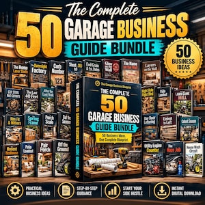 May include: A digital product bundle titled The Complete 50 Garage Business Guide Bundle, featuring a large central box and numerous smaller book covers displaying various business concepts, tools, and workshop imagery in yellow, black, and blue.
