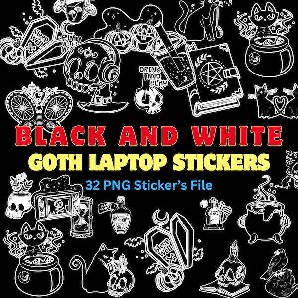 32 Cool Black and White Goth Laptop Stickers and Dark Skull Tattoo Decals, Dark Laptop Sticker png, Digital Download File, Digital Sticker