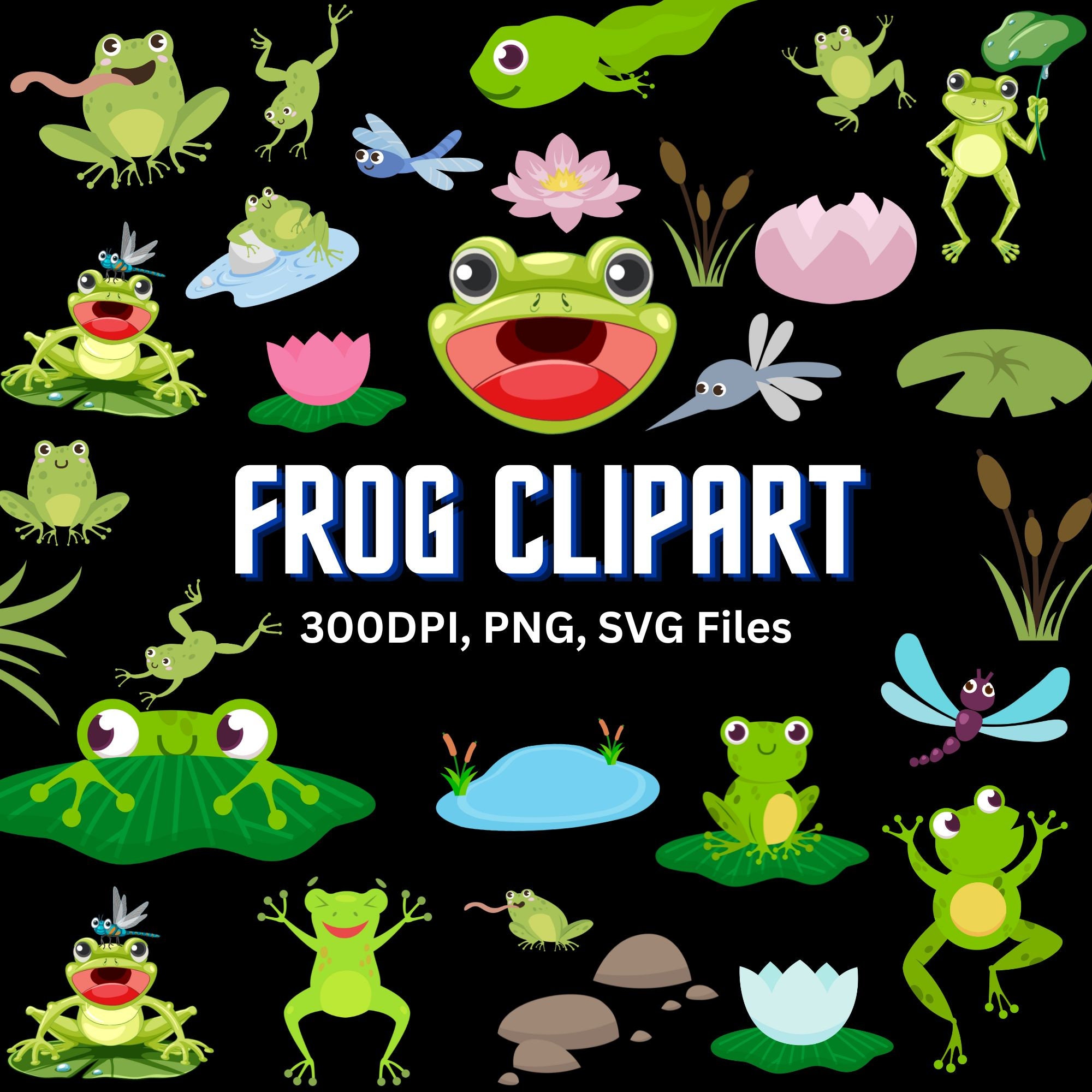 Frogs Clipart Set Clip Art Set of Frogs Lilypads Frogs - Etsy