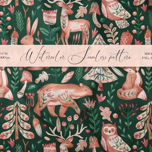 May include: Watercolor seamless pattern featuring woodland animals like deer, owls, foxes, and bears, along with mushrooms and foliage. The design is set against a dark green background, with a banner that reads "Watercolor Seamless pattern".