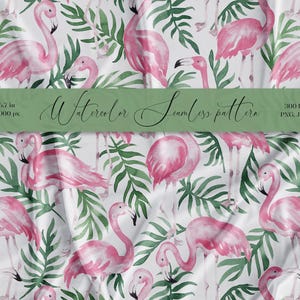 May include: Watercolor seamless pattern featuring pink flamingos and green tropical leaves on a white background. The image includes the text "Watercolor Seamless pattern". The pattern is 167 x 167 inches at 300 DPI.