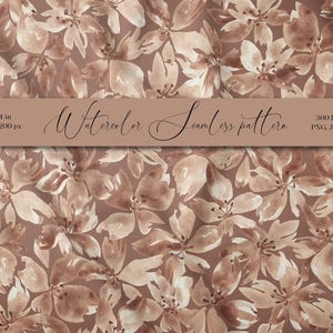 Puede incluir: Un patrón sin costuras con flores de acuarela marrones y beige sobre un fondo marrón. El patrón mide 14 x 14 pulgadas y 4200 x 4200 píxeles.