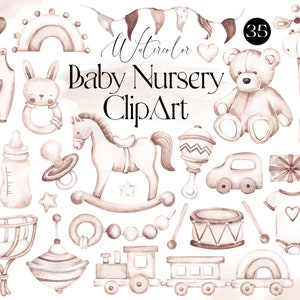 Kids watercolor printable clip art. Digital wall art print. Hand drawn baby shower set. Neutral beige brown. Nursery toy animal. Wooden toys
