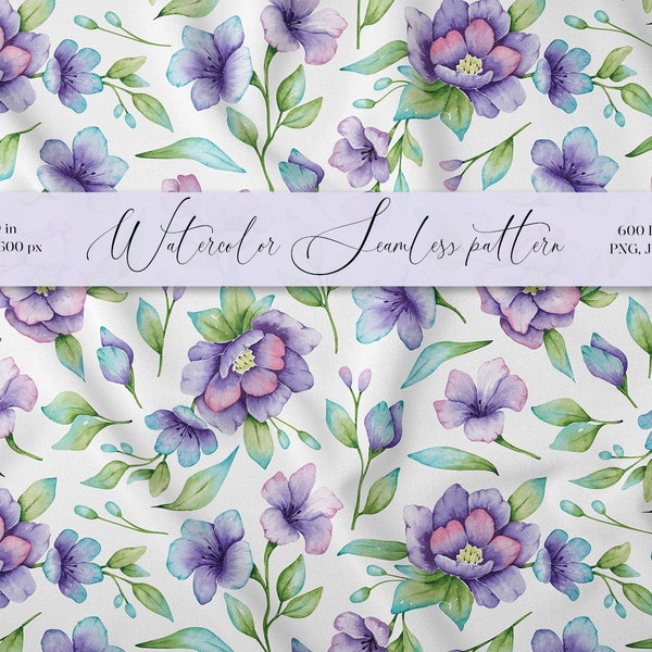 Purple Floral pattern Watercolor flower print Spring flowers Digital fabric pattern Floral printable design Hand painted flora Seamless png