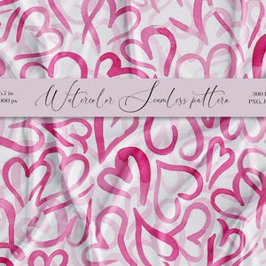 May include: A seamless pattern featuring pink watercolor hearts on a white background. The hearts are drawn in a variety of styles and sizes, creating a playful and romantic design.