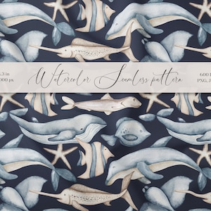 May include: Seamless watercolor pattern featuring various sea creatures on a dark blue background. The pattern includes whales, dolphins, fish, starfish, and other marine life. The pattern is 18.3 x 18.3 inches and 5000 x 5000 pixels.