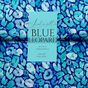 May include: Seamless pattern featuring a blue leopard print design. The pattern has a dark blue background with light blue and white watercolor-style leopard spots. A light blue card displays the text "BLUE LEOPARD" and dimensions of 14 x 14 inches.