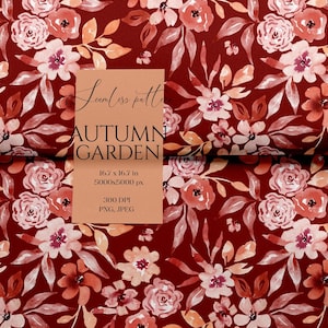May include: Seamless pattern featuring a floral design with watercolor-style flowers and leaves in shades of red, pink, and peach on a deep red background. The text "AUTUMN GARDEN" is visible on a tan label.