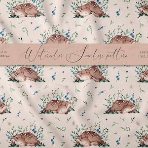 Könnte beinhalten: Ein nahtloses Muster mit Aquarell-Illustrationen von schlafenden Rehen, umgeben von zarten blauen und grünen floralen Details auf einem hellrosa Hintergrund. Das Muster ist perfekt für Stoff, Tapete oder digitale Designprojekte.