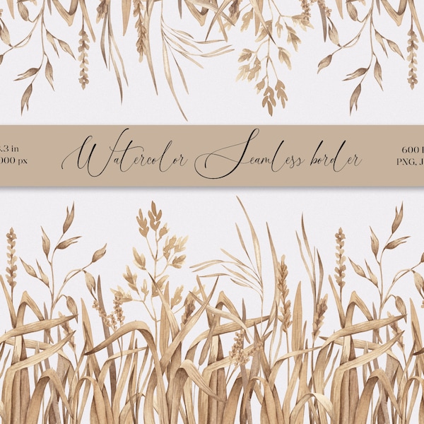Wheat field seamless border. Summer field plants printable design. Dried spica grass individual repeat print PNG. Rustic wild plants border