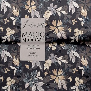 May include: A seamless pattern featuring a floral design with beige, gray, and blue flowers and leaves on a dark background. The text "MAGIC BLOOMS" is visible, along with dimensions of 16.7 x 16.7 inches.