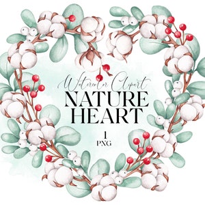 Clipart de coroa de coração de eucalipto de algodão png. Design para impressão de cartão de dia dos namorados de casamento em aquarela. Sublimação botânica do amor da natureza do inverno
