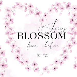 Aquarell rosa Blumen Rahmen Grenze Kranz Clipart. Kirschblüten druckbares Design. Floraler Rahmen in Herzform. Hochzeitskarte einladen PNG