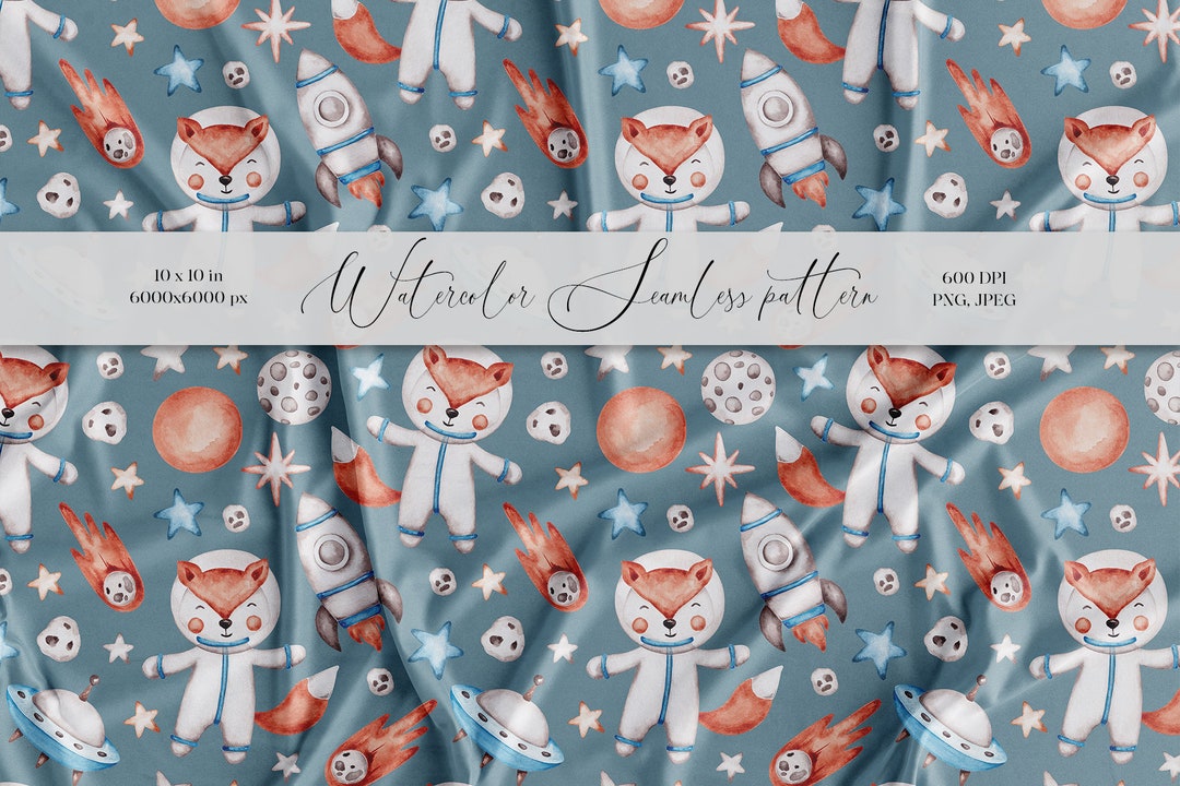 Rocket Space Digital Repeat Print Fox Astronaut Seamless Pattern ...