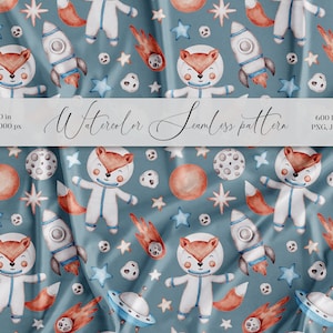 May include: A seamless pattern featuring watercolor illustrations of foxes wearing astronaut suits, rockets, stars, planets, and comets on a blue background. The pattern is 10 inches by 10 inches and is 6000 pixels by 6000 pixels.