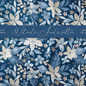 Akvarell vinterblommig sömlös mönster. Digitalt tygmönster. Upprepat abstrakt blomtryck. Neutral blå beige modedesign.