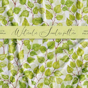 May include: Watercolor seamless pattern featuring green leaves and brown branches on a white background. The image includes text that reads "Watercolor Seamless pattern" and dimensions of 16.7 x 16.7 inches at 300 DPI.
