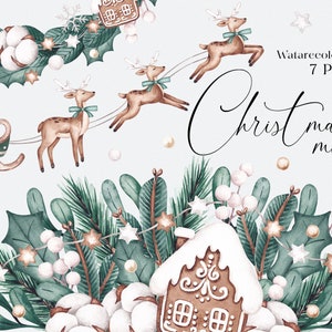 Clipart PNG de borda de guirlanda de Natal com galho de pinheiro, visco, renas de casa de gengibre. Cartão em aquarela com design para impressão