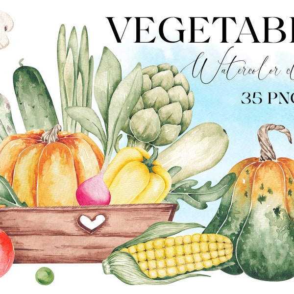 Vegetable clip art Healthy food Organic products Vegan digital print Fresh market set Hand drawn harvest Kitchen clipart Watercolor plants