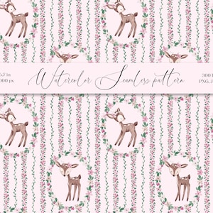 Modèle sans couture de cerf mignon Animaux de la forêt de dessin animé Carte de baby shower, bannière Textile pour enfant Dessin aquarelle Affiche de chambre de bébé, papier peint
