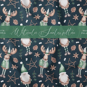 Skandinavische Weihnachten druckbare Design Nordische Musterdesign Wichtel Elch Rehe Stoff Papier Winter Pflanze Noel Weihnachten digitaler Rapport