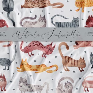 May include: A seamless pattern featuring watercolour illustrations of cats in various poses and colours. The cats are depicted on a white background with small grey dots.