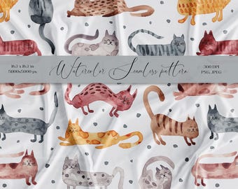 Watercolor Cats Seamless Pattern, Funny Pet Print (Digital Download)