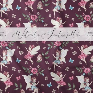 Fantasy girl seamless pattern. Fairy flora digital paper. Fairytale printable design PNG. Fairy nursery kid wallpaper. Childish repeat print