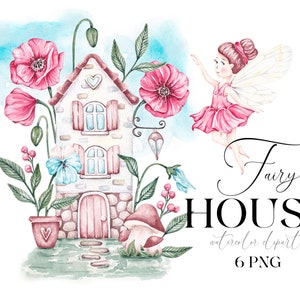 Clipart png della casa delle fate dell'acquerello. ClipArt di fiabe magiche. Design stampabile del giardino fantasy. Sublimazione della casa delle fate. Fata volante carina