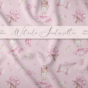 Ballerina seamless pattern Ballet digital paper Girl fabric pattern Pink watercolor digital paper Hand drawn tutu dress Ballet shoes Peonies