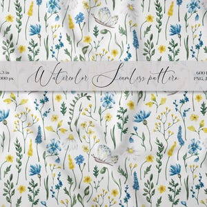 May include: A seamless watercolor pattern featuring a variety of blue and yellow wildflowers, green foliage, and a white butterfly on a white background.