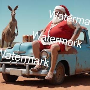 Aussie Weihnachtsbild - Weihnachtsmann auf einem Rusty Holden Ute mit einigen Bieren und einem Känguru