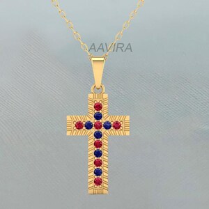 Ruby Sapphire Cross Pendant Necklace, Alternating Gemstone Crucifix, Religious Faith Charm Choker, Gift for Her