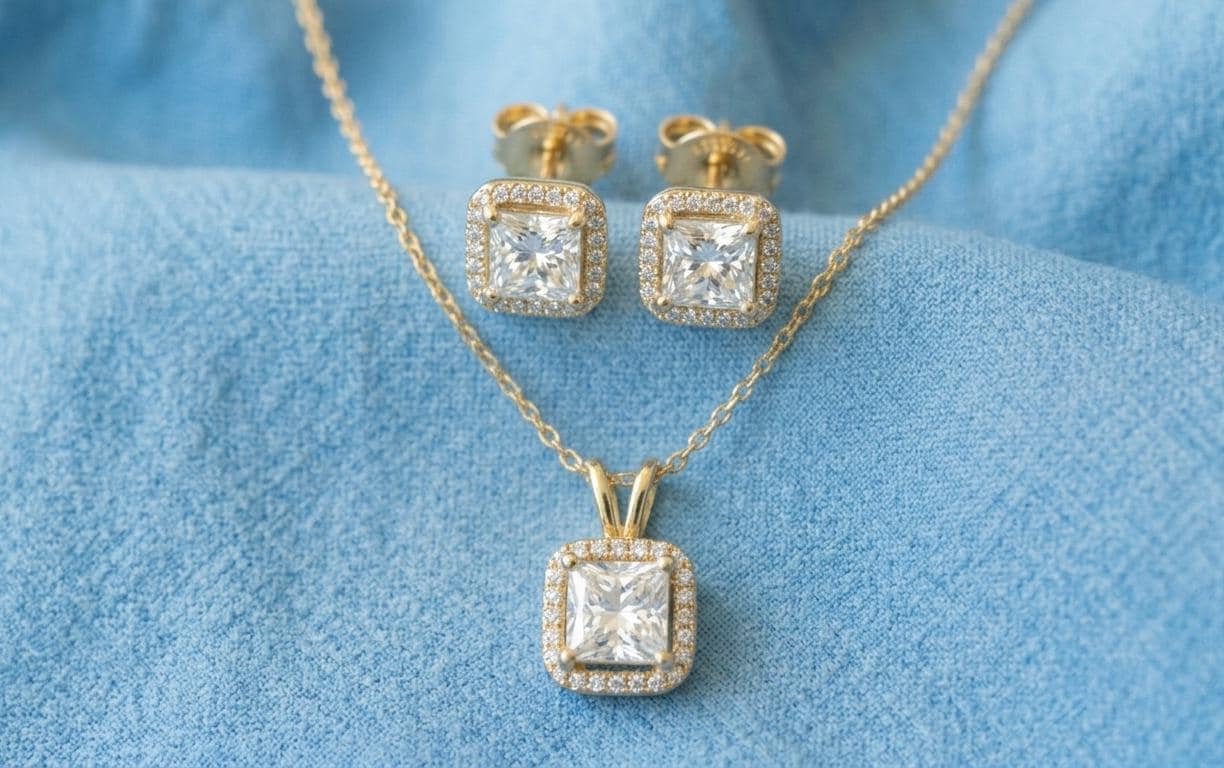 Princess Cut Moissanite Halo Jewelry Set, Pendant Necklace, Stud Earrings, 14k Gold Plated Silver