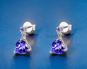 Sterling Silver Heart Drop Earrings: Amethyst Dangle, Birthstone Jewelry