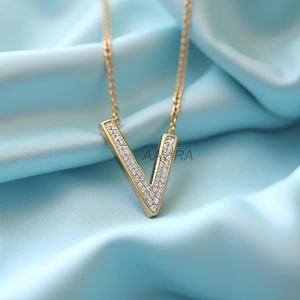 14K Gold V Initial Necklace: Cubic Zirconia Pendant
