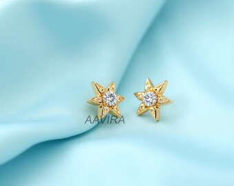 14K Gold Plated Starburst Earrings: Dainty CZ Crystal Celestial Studs
