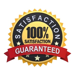 May include: A gold and black circular badge with the words "SATISFACTION" and "GUARANTEED" in white text. The badge also features the text "100%" and a red ribbon with the word "GUARANTEED".