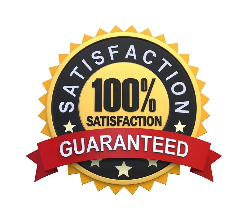 May include: A gold and black circular badge with the words "SATISFACTION" and "GUARANTEED" in white text. The badge also features the text "100%" and a red ribbon with the word "GUARANTEED".