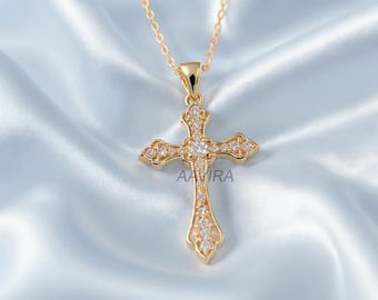 Cross Pendant Necklace, Dainty Cross Necklace, Gold Cross Necklace, Religious Christian Jewelry, Elegant Cross Pendant, Faith Gift for Her