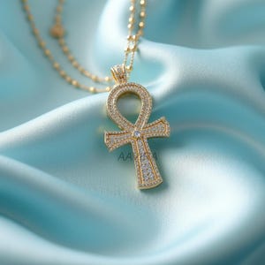 Moissanite Ankh Necklace, Life Symbol Pendant, Diamond Egyptian Jewelry, Meaningful Gift, 14K Gold Plated