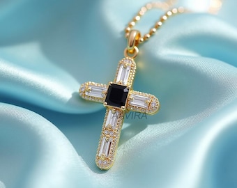 Princess Cut Black CZ Cross Necklace: 14K Gold Plated Sterling Silver