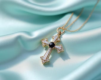 Art Deco Black CZ Cross Necklace, Gold Plated Sterling Silver