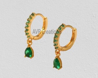Pear Cut Green Emerald Drop & Dangle Earrings, Teardrop Dangle Earrings, Handmade Drop Earrings, 14K Yellow Gold Plated, Gifts For Women