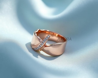 Sterling Silver Rose Gold Crossover Ring: Pave Accent Band
