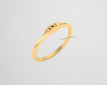 Engraved Sterling Silver Signet Ring: Custom Initial Heart Stacking Band