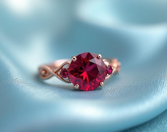 Ruby Three Stone Engagement Ring: Rose Gold Sterling Silver, Twisted Band