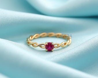 Dainty Ruby Ring: Twisted Sterling Silver Band,  Gold